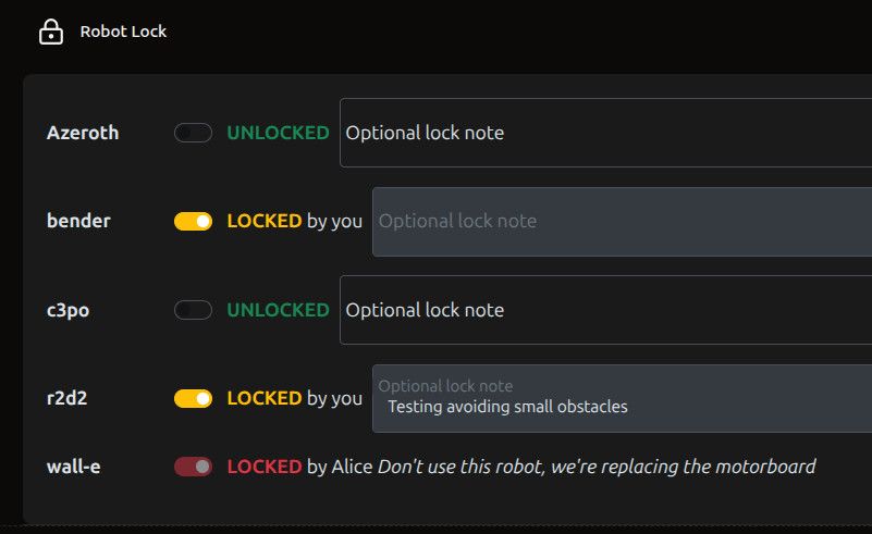 Let's you "lock" a robot, indicating to team members that you are using it. Preview image of Robot Lock